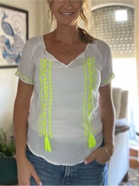 White Short-Sleeve V-Neck Tunic with Neon Yellow Embroidery